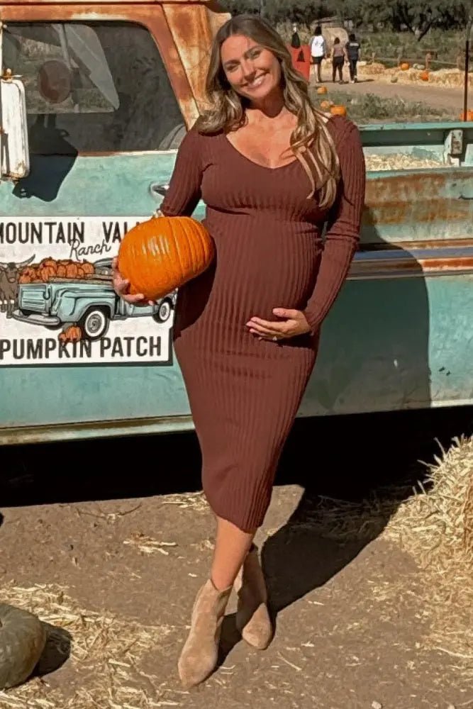 PinkBlush Mocha V - Neck Long Sleeve Fitted Maternity Maxi Dress - 