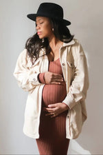 PinkBlush Mocha V - Neck Long Sleeve Fitted Maternity Maxi Dress - 