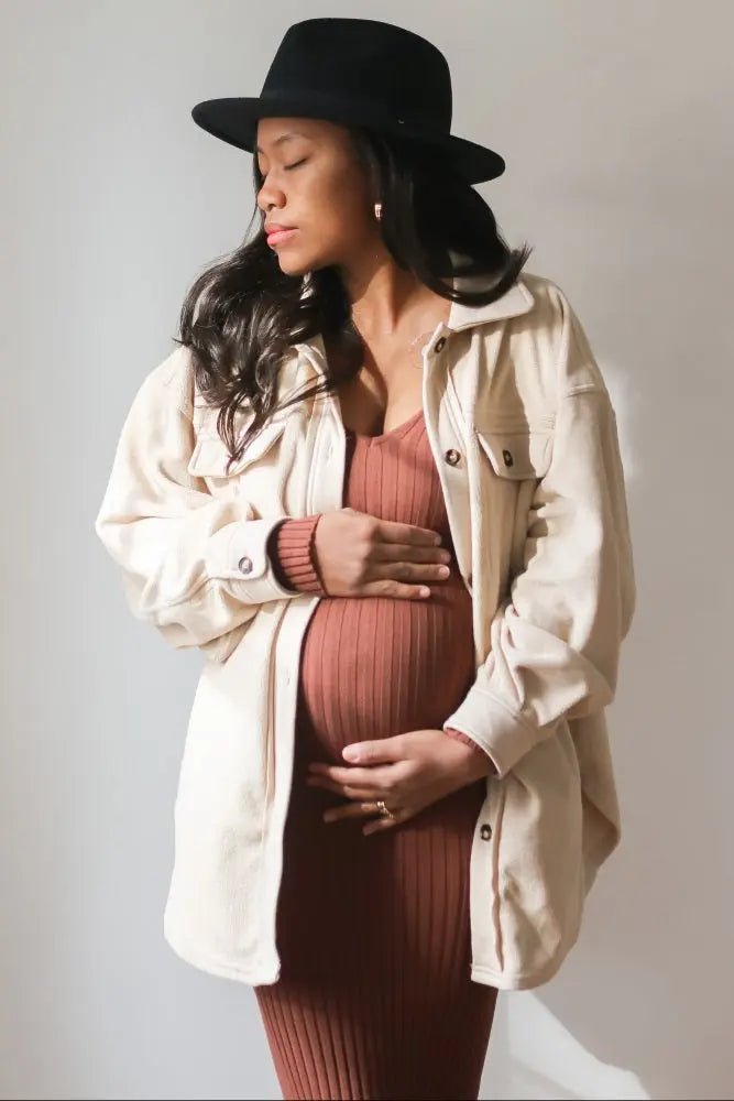 PinkBlush Mocha V - Neck Long Sleeve Fitted Maternity Maxi Dress - 