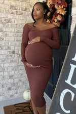 PinkBlush Mocha V - Neck Long Sleeve Fitted Maternity Maxi Dress - 