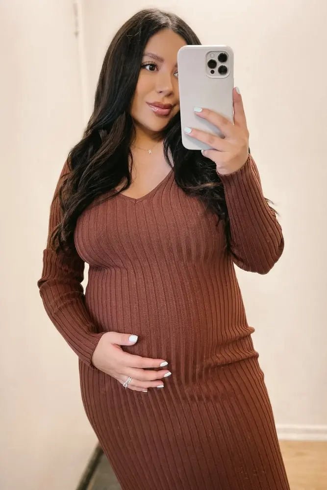 PinkBlush Mocha V - Neck Long Sleeve Fitted Maternity Maxi Dress - 