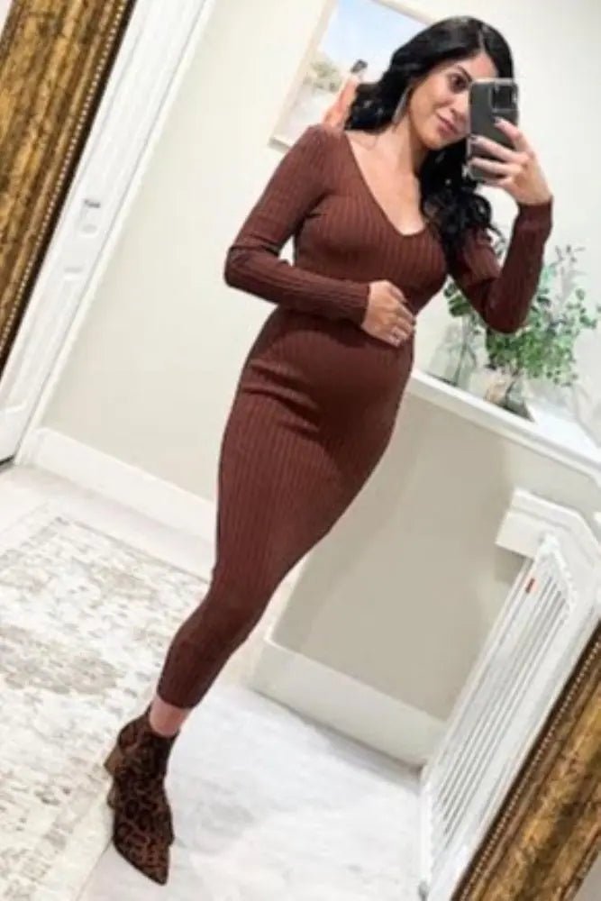 PinkBlush Mocha V - Neck Long Sleeve Fitted Maternity Maxi Dress - 