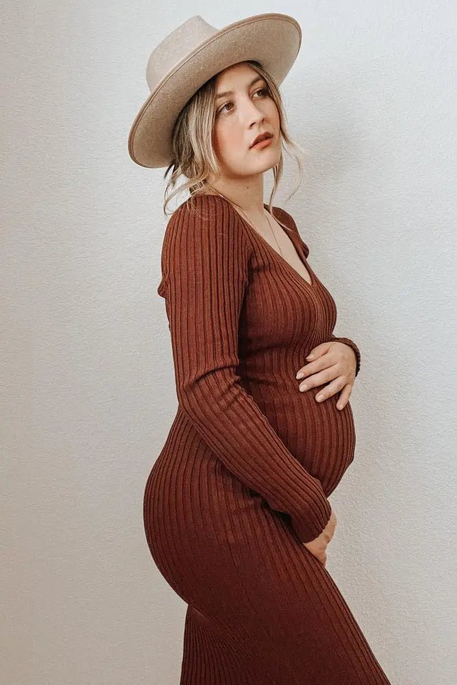PinkBlush Mocha V - Neck Long Sleeve Fitted Maternity Maxi Dress - 