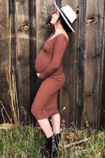 PinkBlush Mocha V - Neck Long Sleeve Fitted Maternity Maxi Dress - 