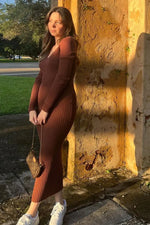 PinkBlush Mocha V - Neck Long Sleeve Fitted Maternity Maxi Dress - 