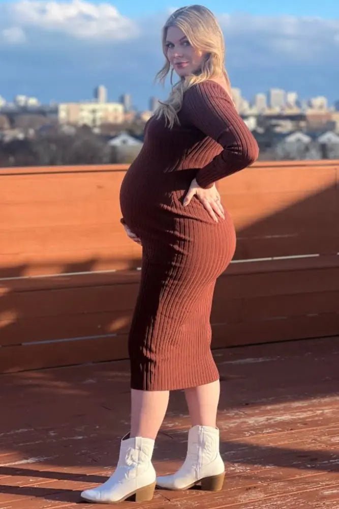 PinkBlush Mocha V - Neck Long Sleeve Fitted Maternity Maxi Dress - 