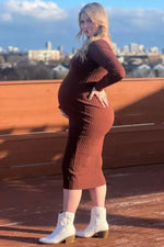 PinkBlush Mocha V - Neck Long Sleeve Fitted Maternity Maxi Dress - 