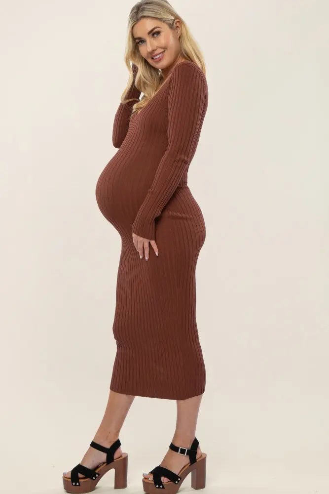 PinkBlush Mocha V - Neck Long Sleeve Fitted Maternity Maxi Dress - 