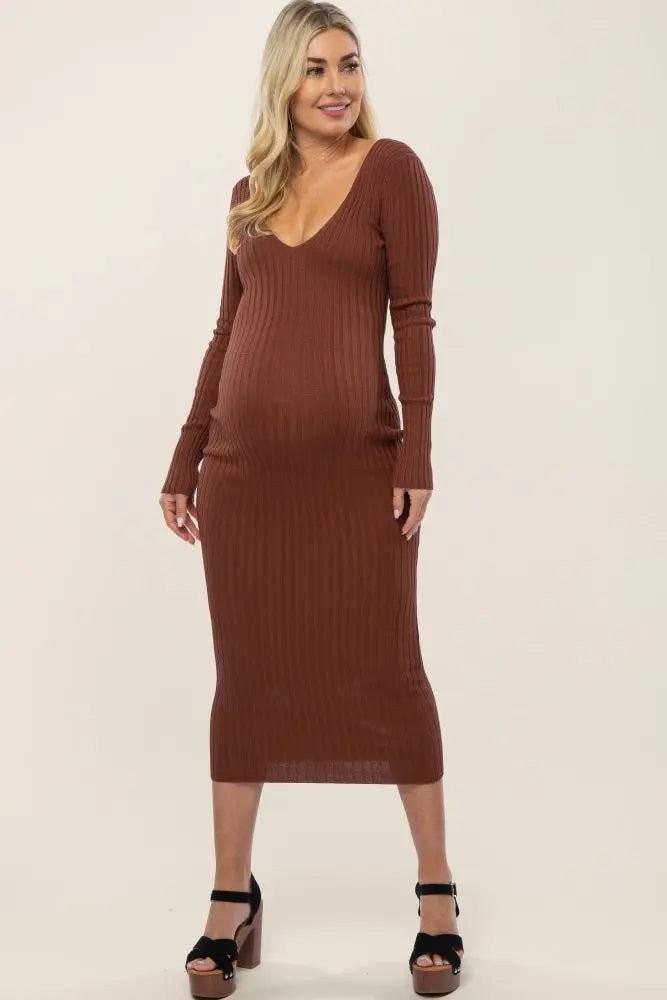 PinkBlush Mocha V - Neck Long Sleeve Fitted Maternity Maxi Dress - 