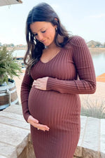 PinkBlush Mocha V - Neck Long Sleeve Fitted Maternity Maxi Dress - 