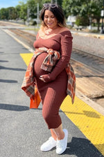 PinkBlush Mocha V - Neck Long Sleeve Fitted Maternity Maxi Dress - 