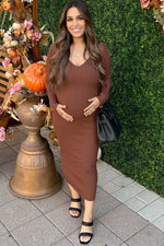 PinkBlush Mocha V - Neck Long Sleeve Fitted Maternity Maxi Dress - 