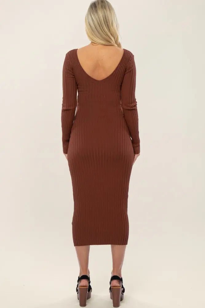 PinkBlush Mocha V - Neck Long Sleeve Fitted Maternity Maxi Dress - 