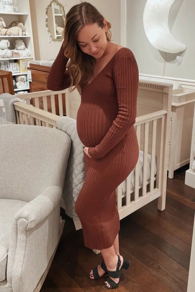 PinkBlush Mocha V - Neck Long Sleeve Fitted Maternity Maxi Dress - 