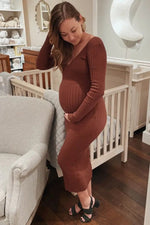 PinkBlush Mocha V - Neck Long Sleeve Fitted Maternity Maxi Dress - 