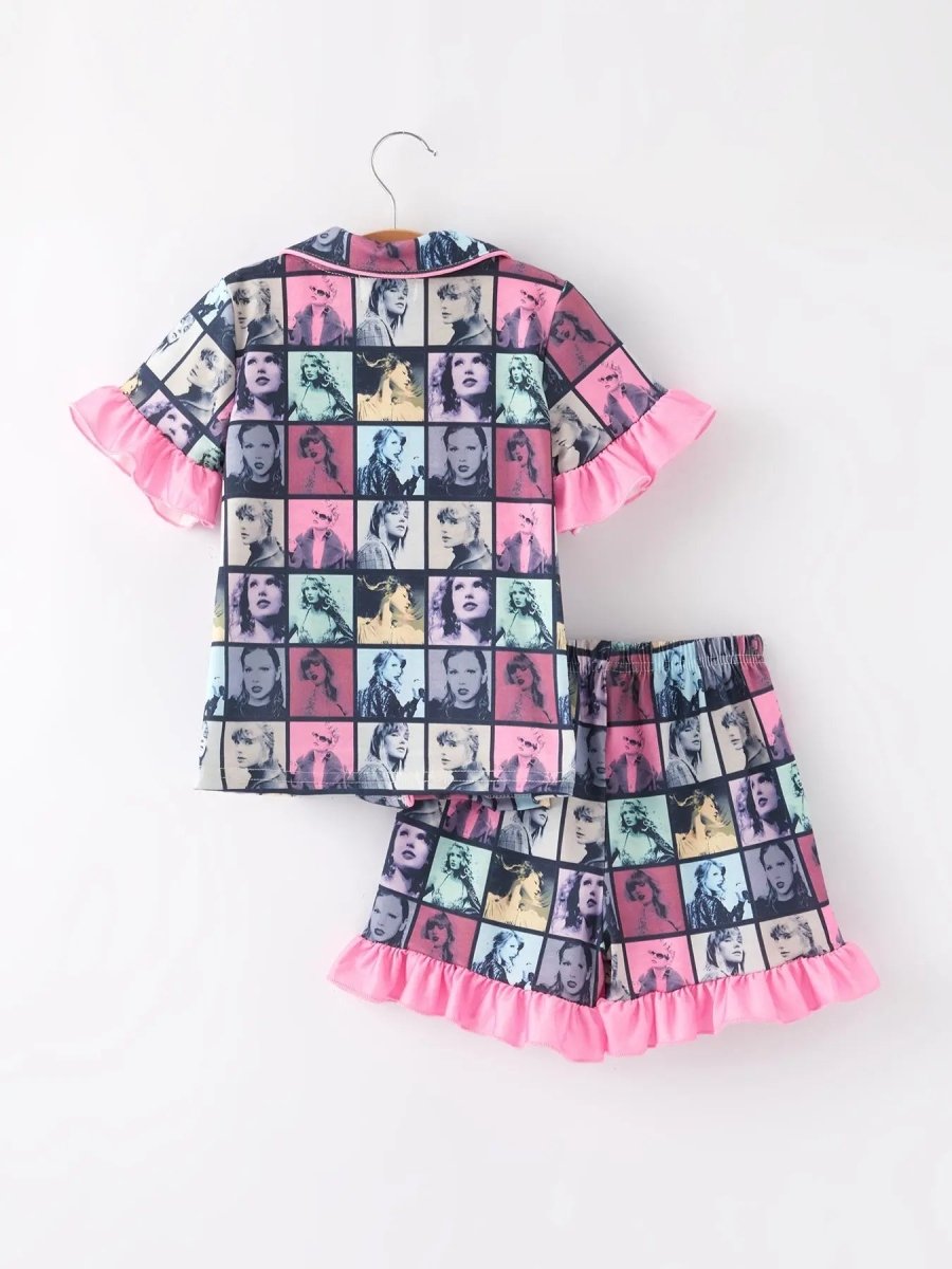 Rylee Faith Designs Mommy And Me Black Ruffle Pajama Set Lapel Short Sleeve - Everetts Place Boutique - 