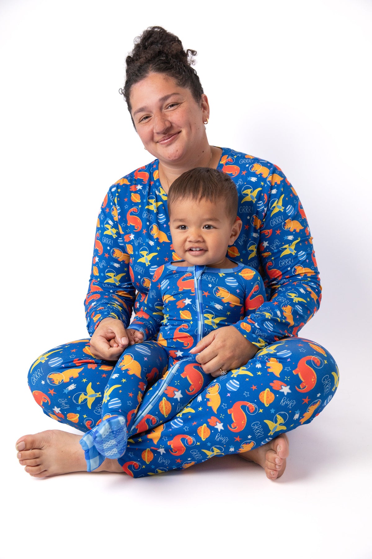 Electric Blue Space Dinosaur Bamboo Mommy & Me Pajamas by Rayn’s Tiny Stitches