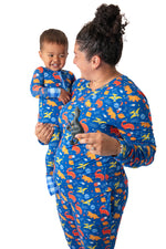 Electric Blue Space Dinosaur Bamboo Zip Onesie by Rayn’s Tiny Stitches