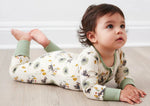 Baby convertible coverall with monkey print and two-way front zipper, shown with footed cuffs
