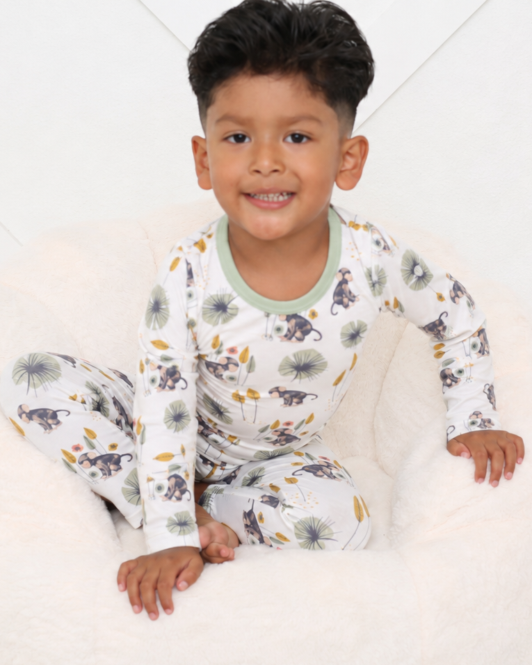 Two-piece long sleeve baby pajama set with monkey print on the top and matching pants