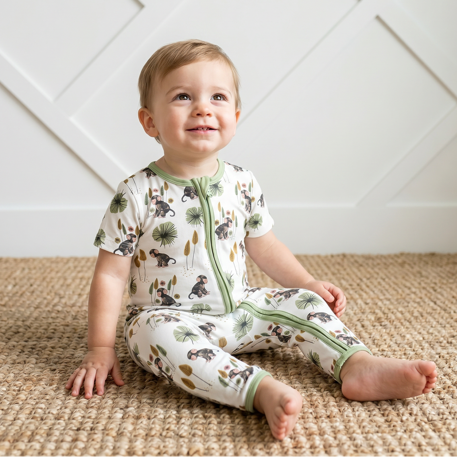 Baby convertible romper in a monkey print with a two-way front zipper, long sleeves and covered feet