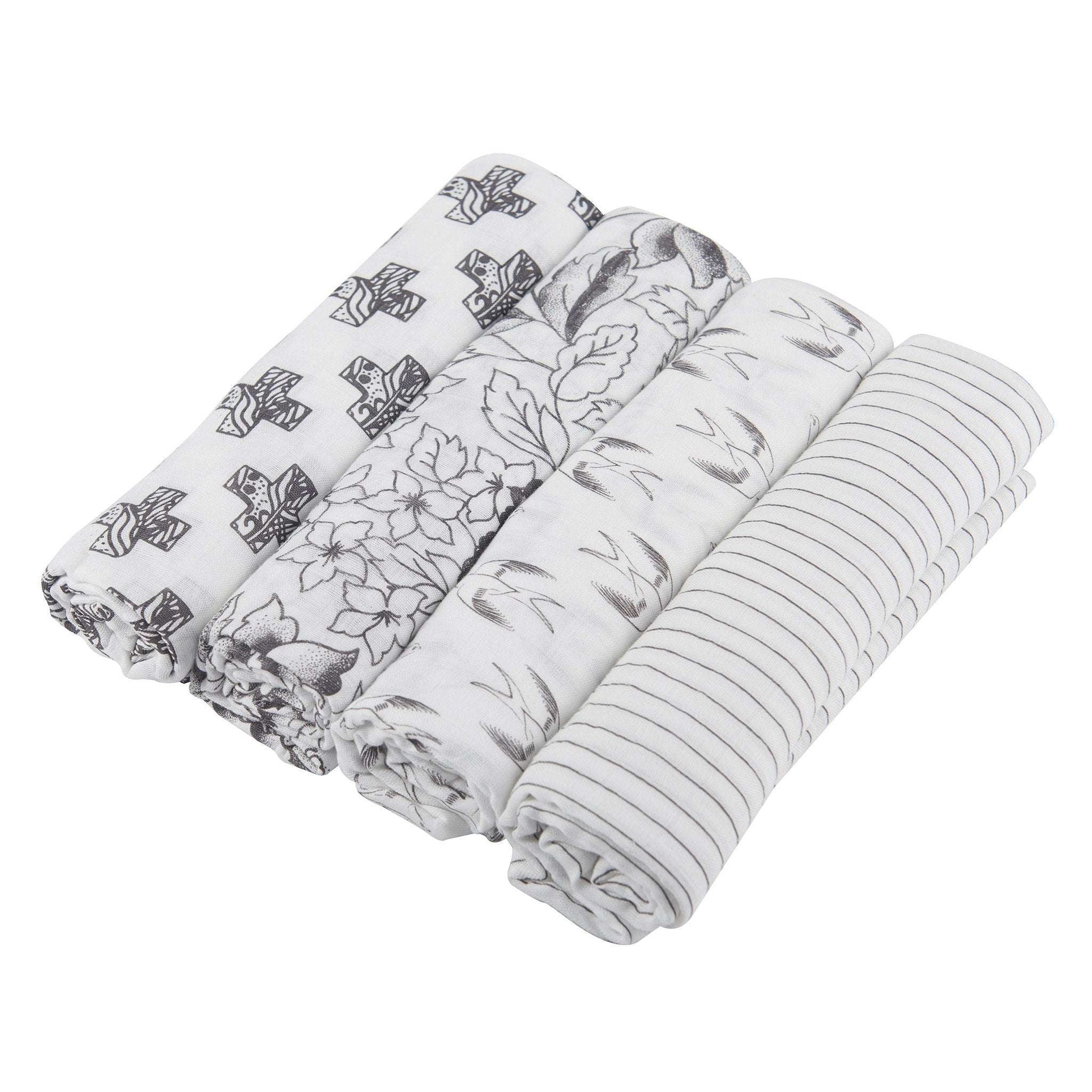 Monochrome Bamboo Muslin Swaddle 4 Pack Soft Breathable Pre Washed Multi Use Blanket Newcastle Classics