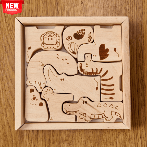 Wooden safari animal puzzle box holding nine handcrafted pieces including a lion, elephant, zebra, rhino and koala.