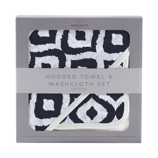 Moroccan Blue Hooded Towel and Washcloth Set for Kids in Soft Cotton Terry Newcastle Classics