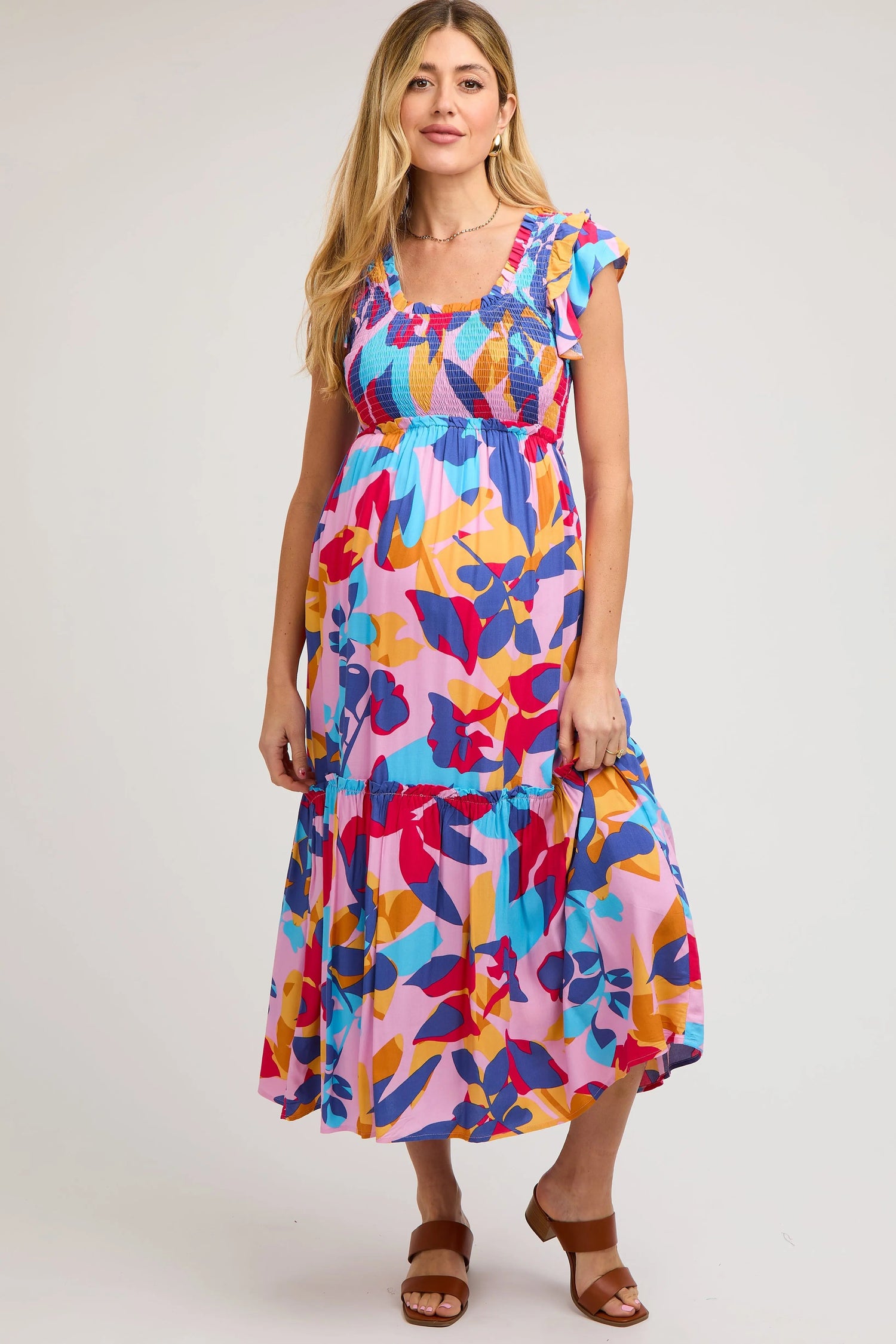PinkBlush Multi - Color Smocked Ruffle Maternity Midi Dress - 