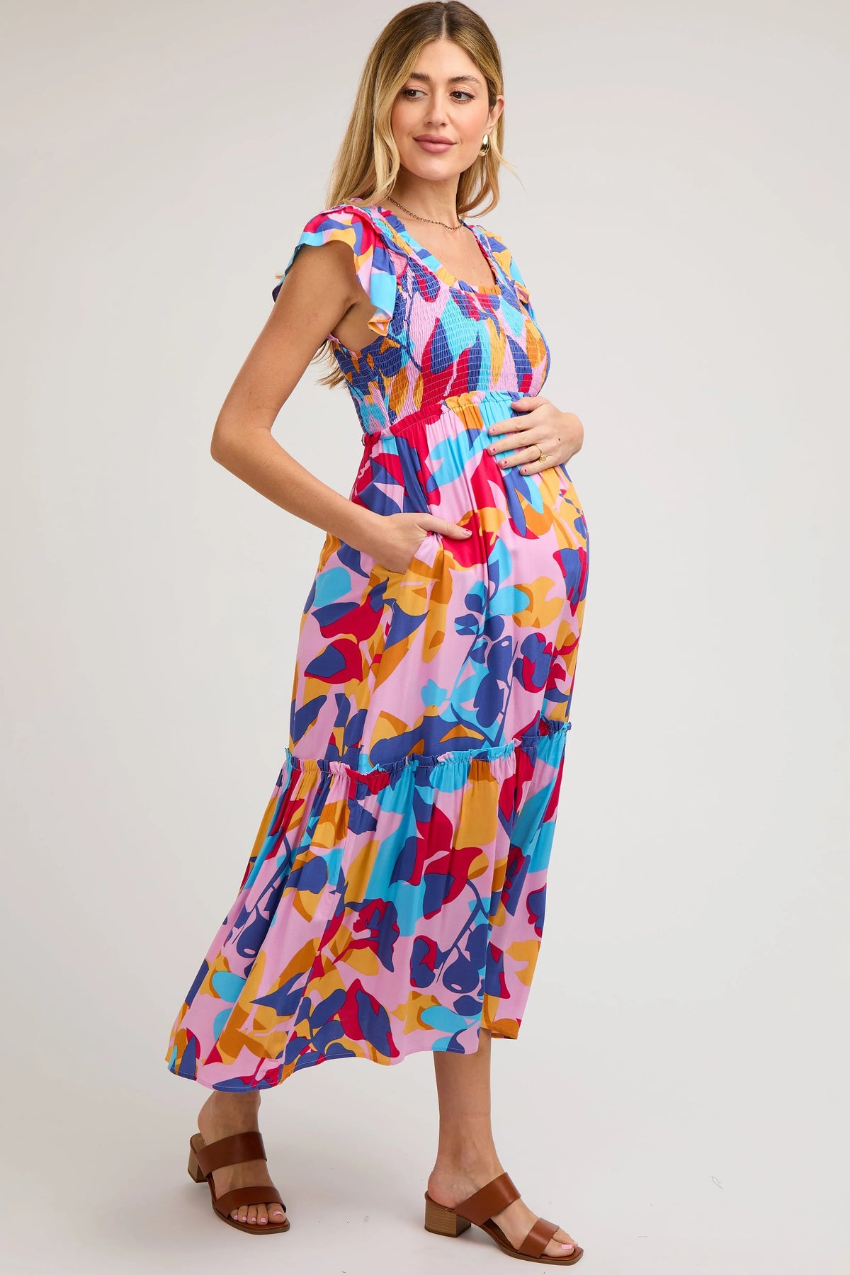 PinkBlush Multi - Color Smocked Ruffle Maternity Midi Dress - 