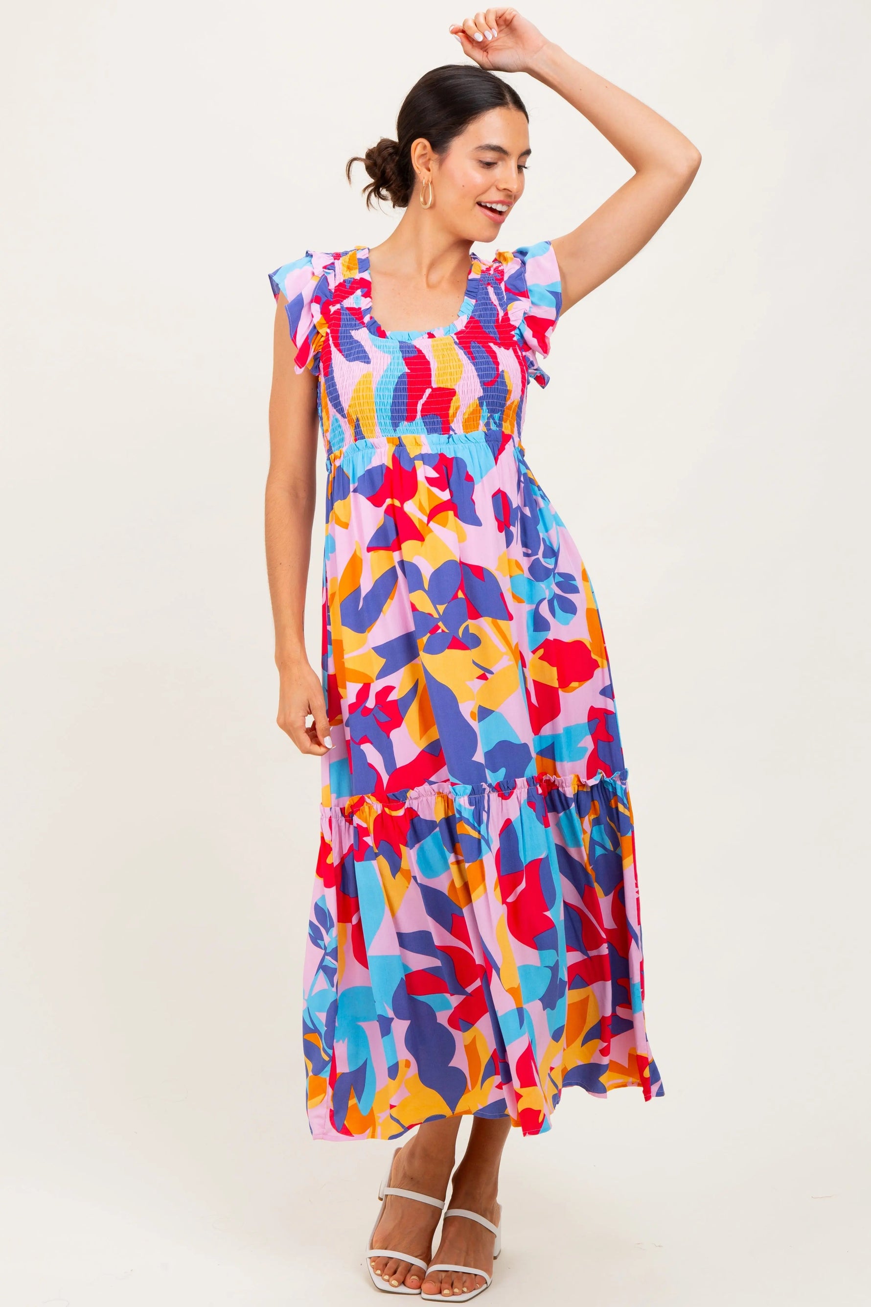 PinkBlush Multi - Color Smocked Ruffle Maternity Midi Dress - 