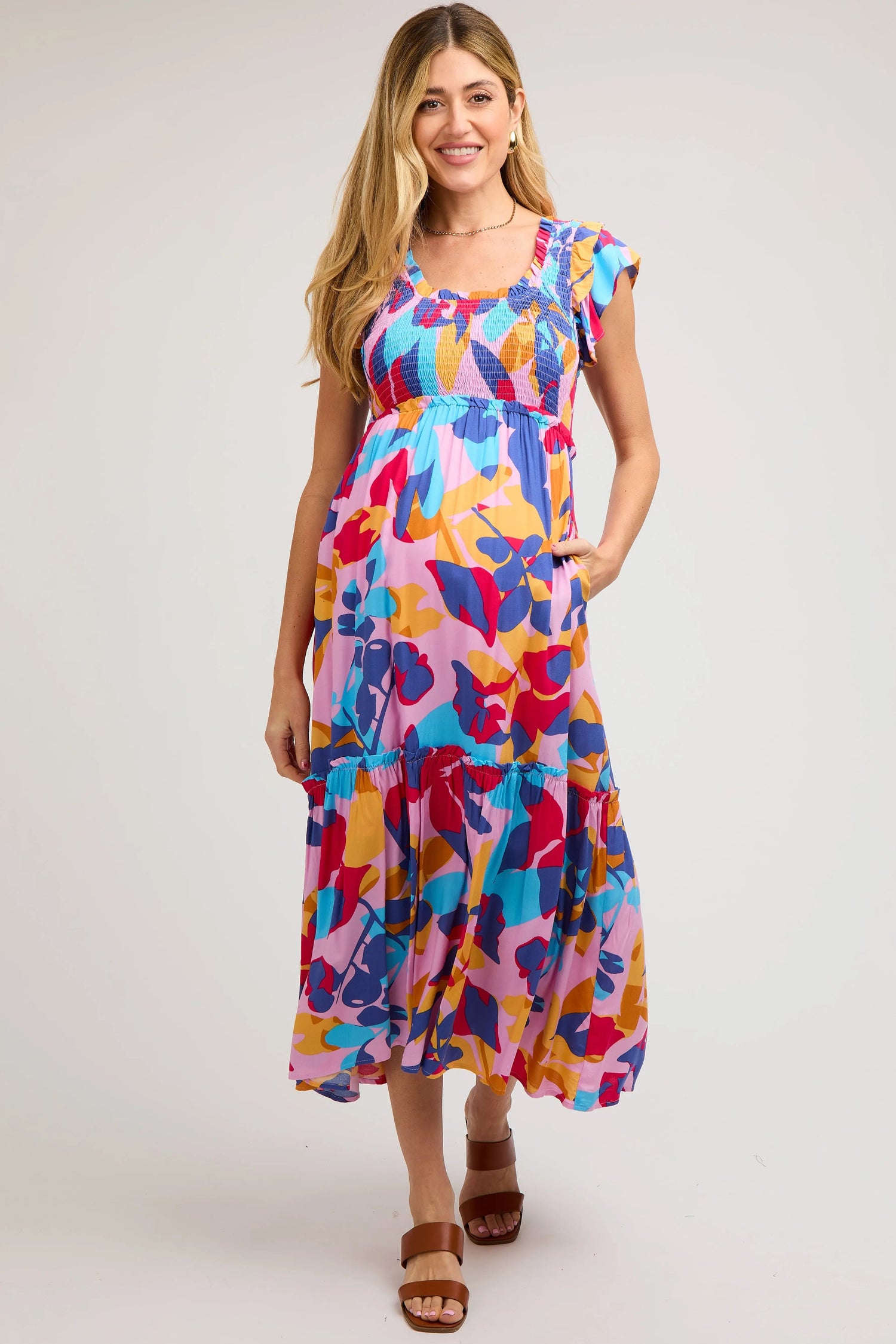 Multi-Color Smocked Ruffle Maternity Midi Dress - Day Dress, One-piece garment, Textile, Dress, Pink | Everetts Place