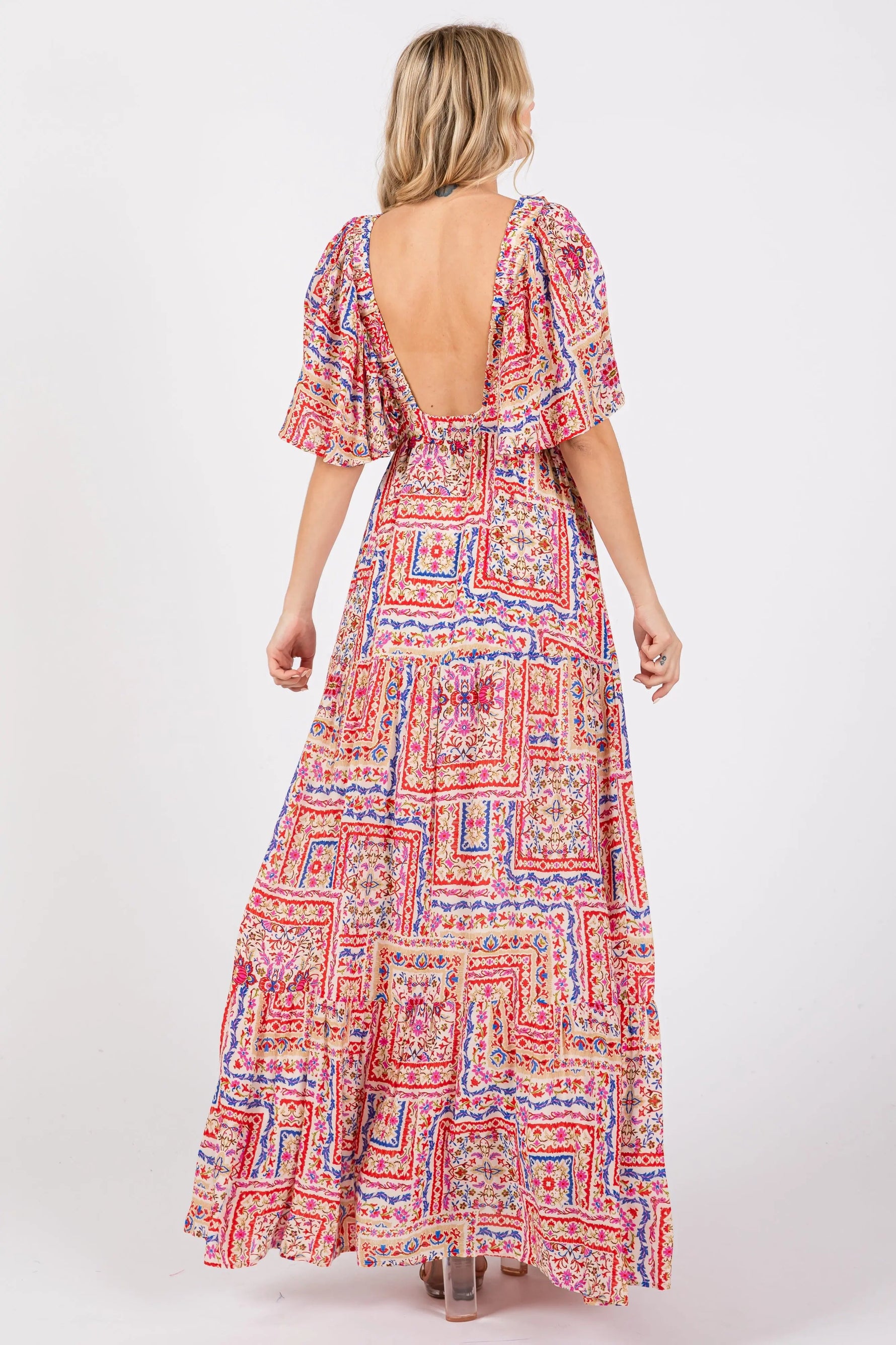 PinkBlush Multicolor Floral Deep V - Neck Tiered Maxi Dress - 
