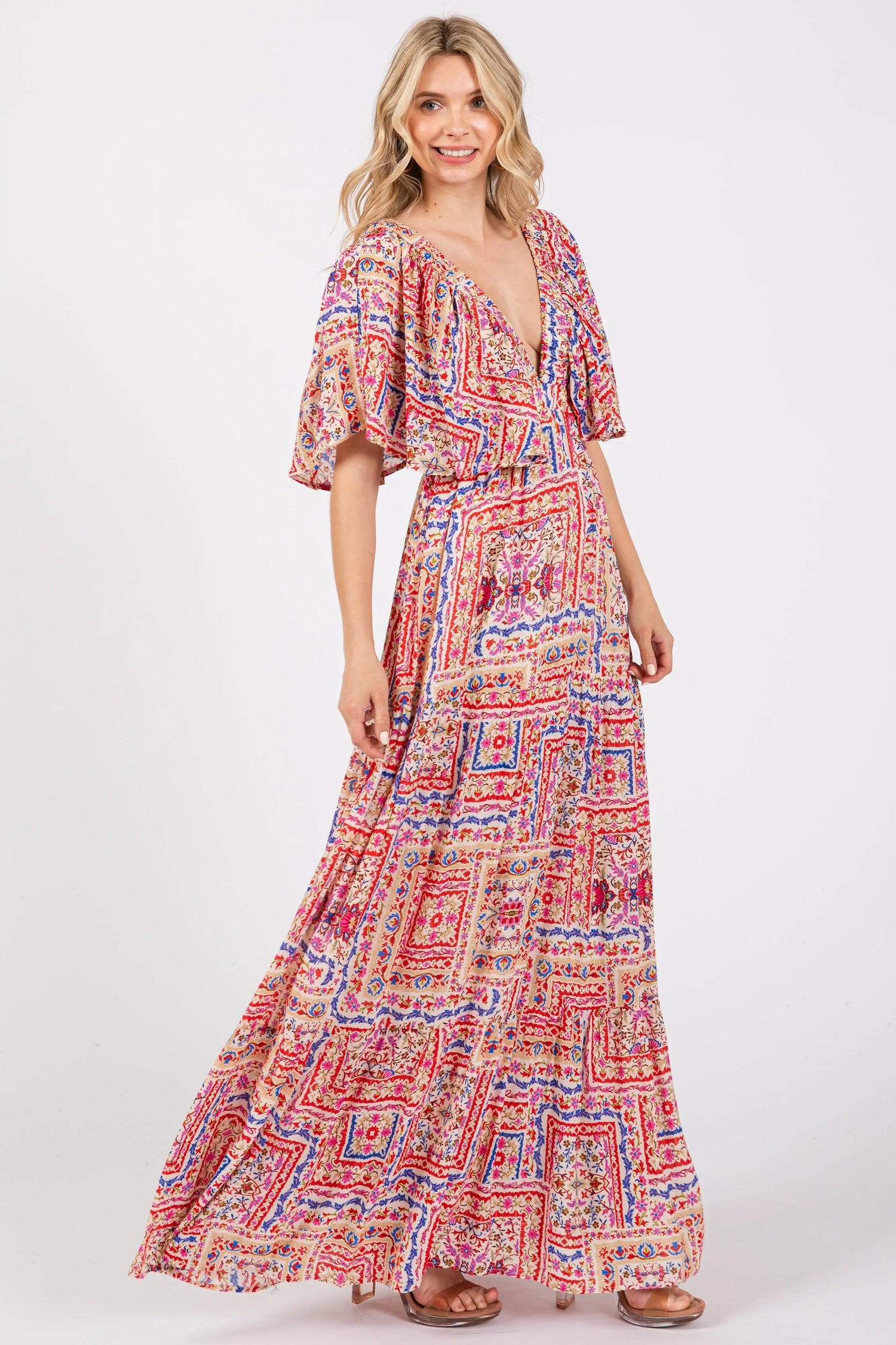 PinkBlush Multicolor Floral Deep V - Neck Tiered Maxi Dress - 