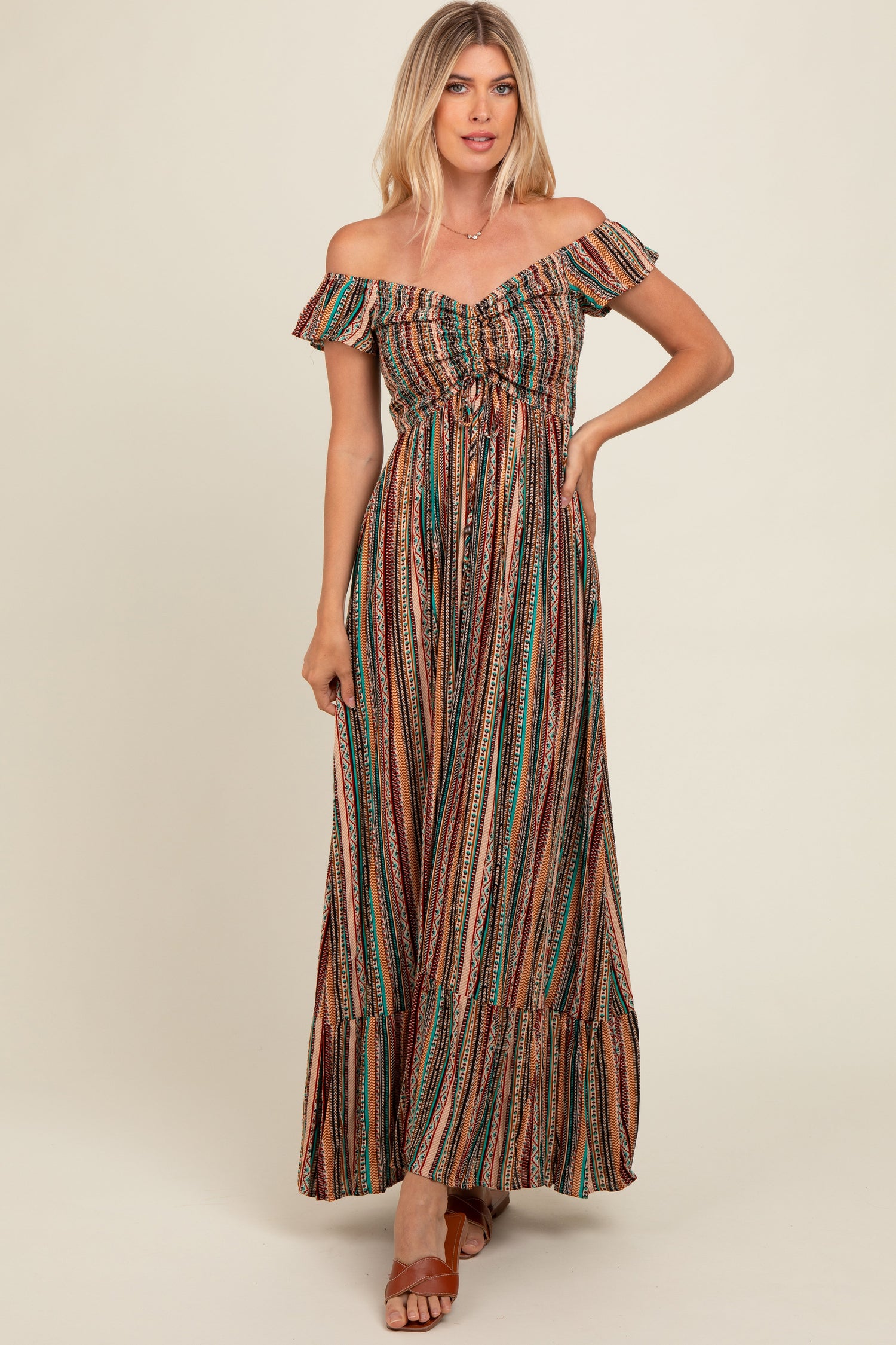 PinkBlush Multicolor Off Shoulder Cinched Maxi Dress