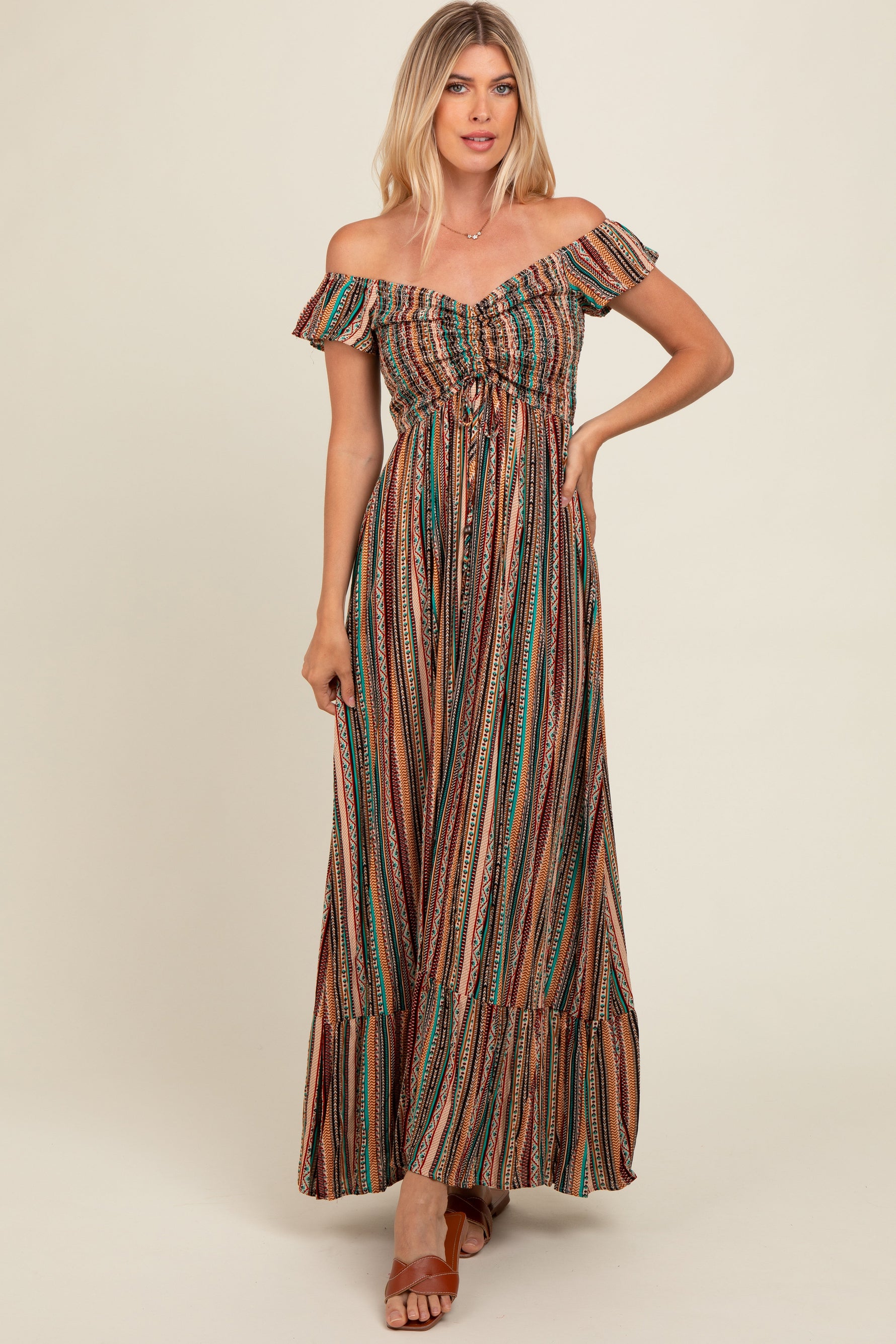 PinkBlush Multicolor Off Shoulder Cinched Maxi Dress