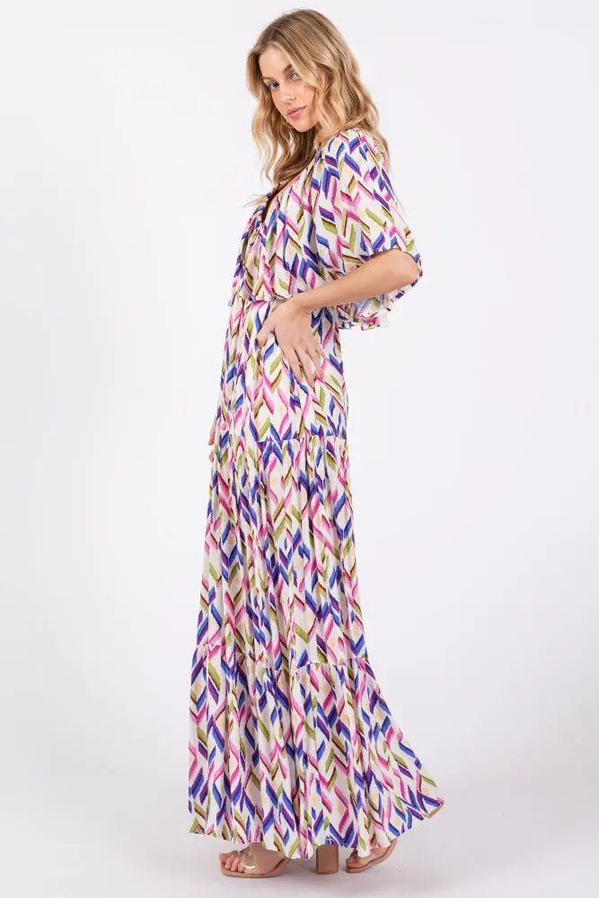 PinkBlush Multicolor Printed Deep V - Neck Tiered Maxi Dress - 