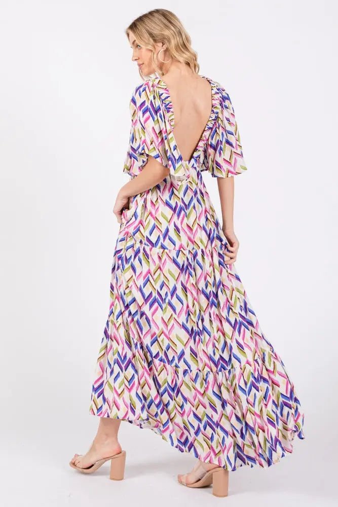 PinkBlush Multicolor Printed Deep V - Neck Tiered Maxi Dress - 