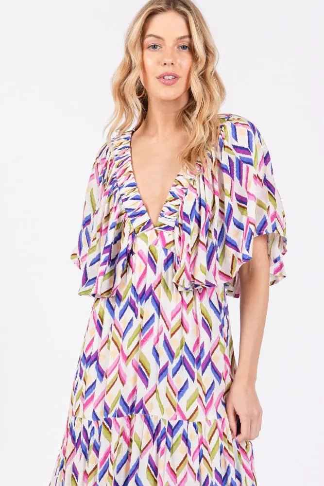 PinkBlush Multicolor Printed Deep V - Neck Tiered Maxi Dress - 