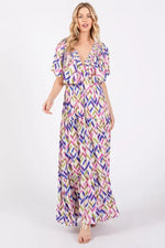 PinkBlush Multicolor Printed Deep V - Neck Tiered Maxi Dress - 