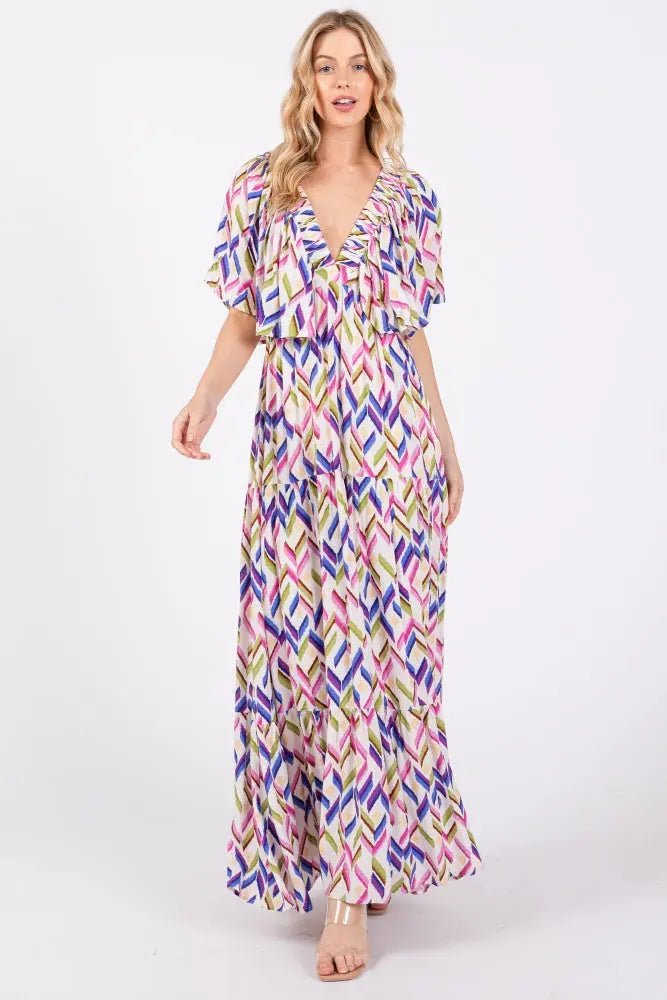 PinkBlush Multicolor Printed Deep V - Neck Tiered Maxi Dress - 