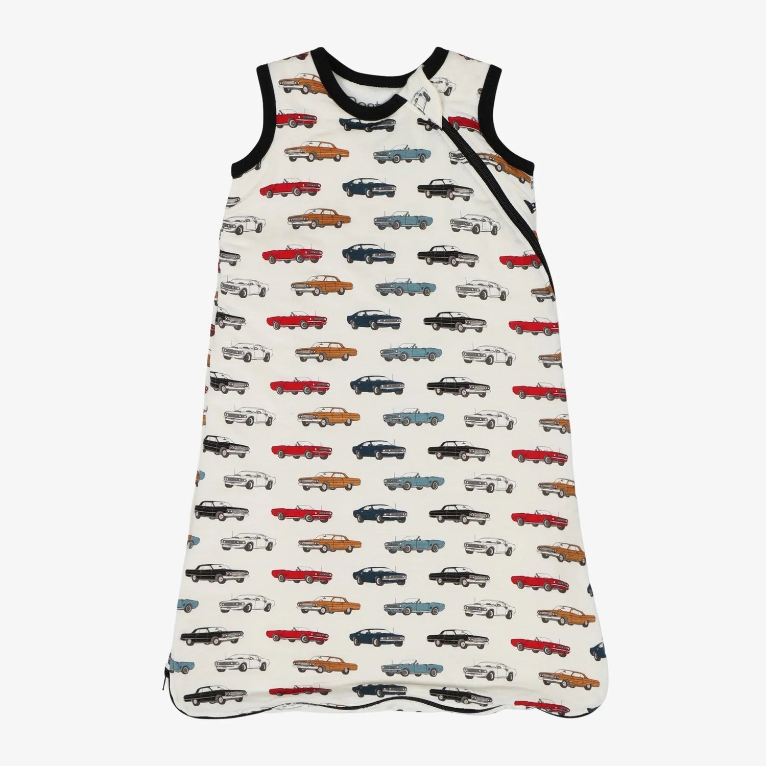 Sleeveless baby sleep bag with a muscle car print and full-length zipper