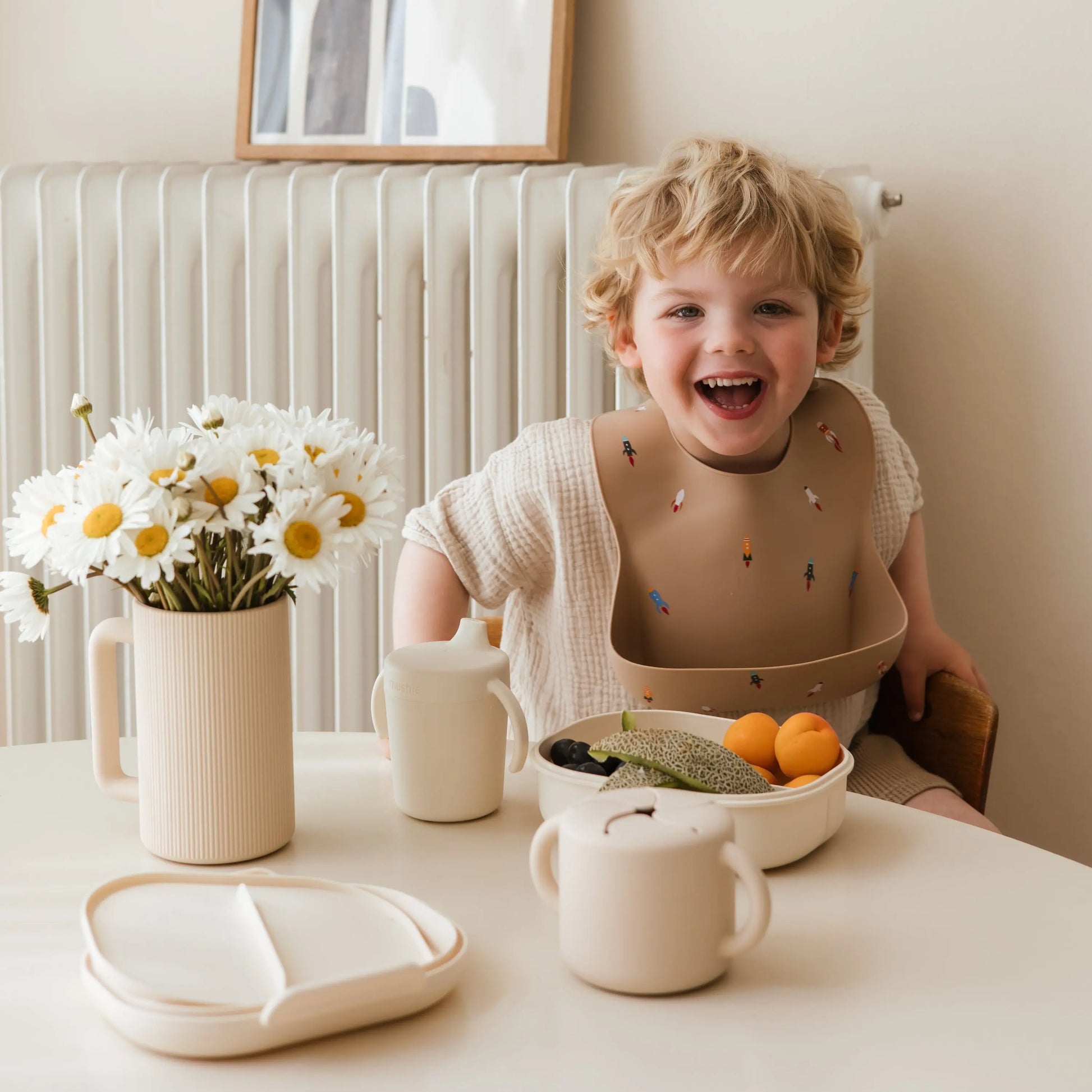 BPA Free Plastic Lunchbox with Built In Compartments and Locking Utensils Mushie