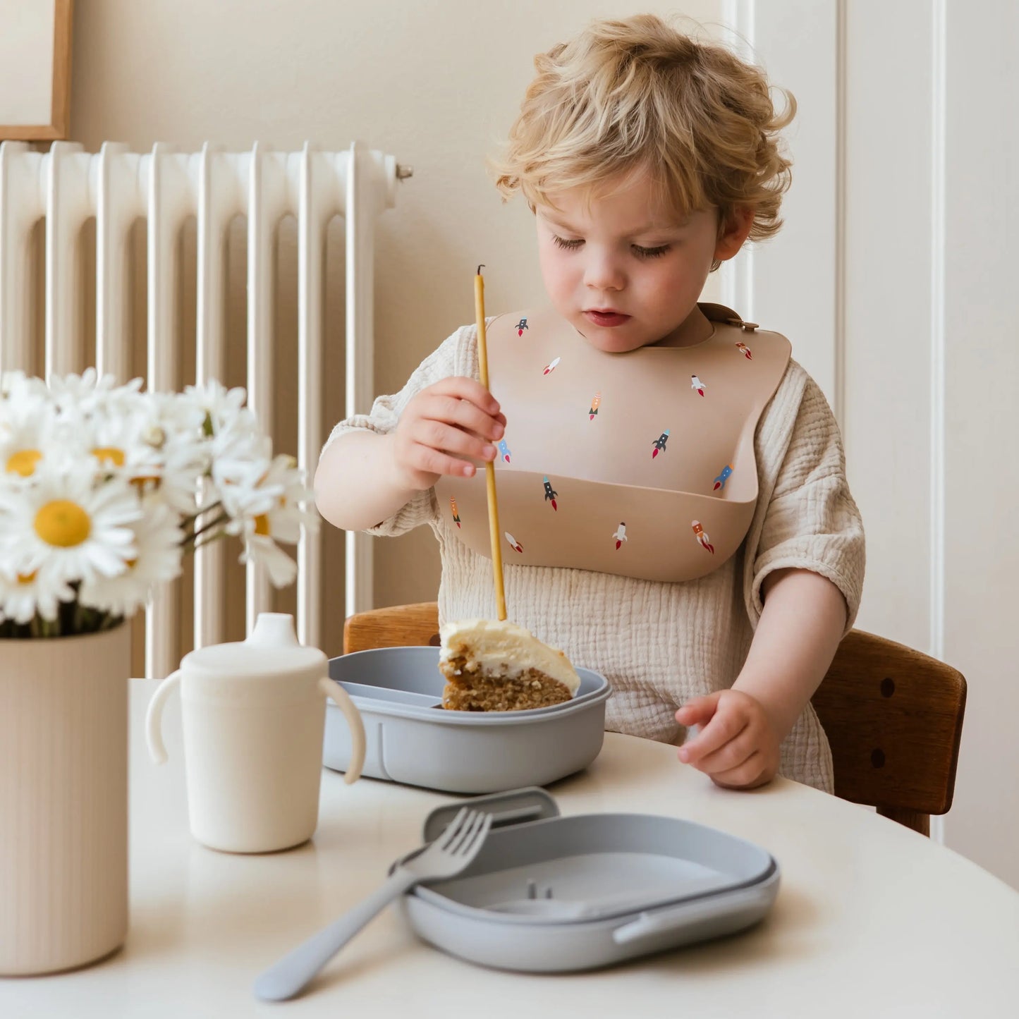 BPA Free Plastic Lunchbox with Built In Compartments and Locking Utensils Mushie