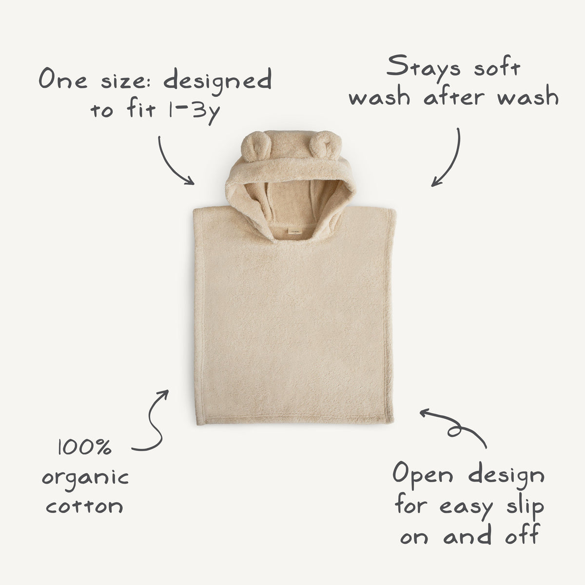 Mushie organic cotton hooded poncho towel with bear ears for baby.