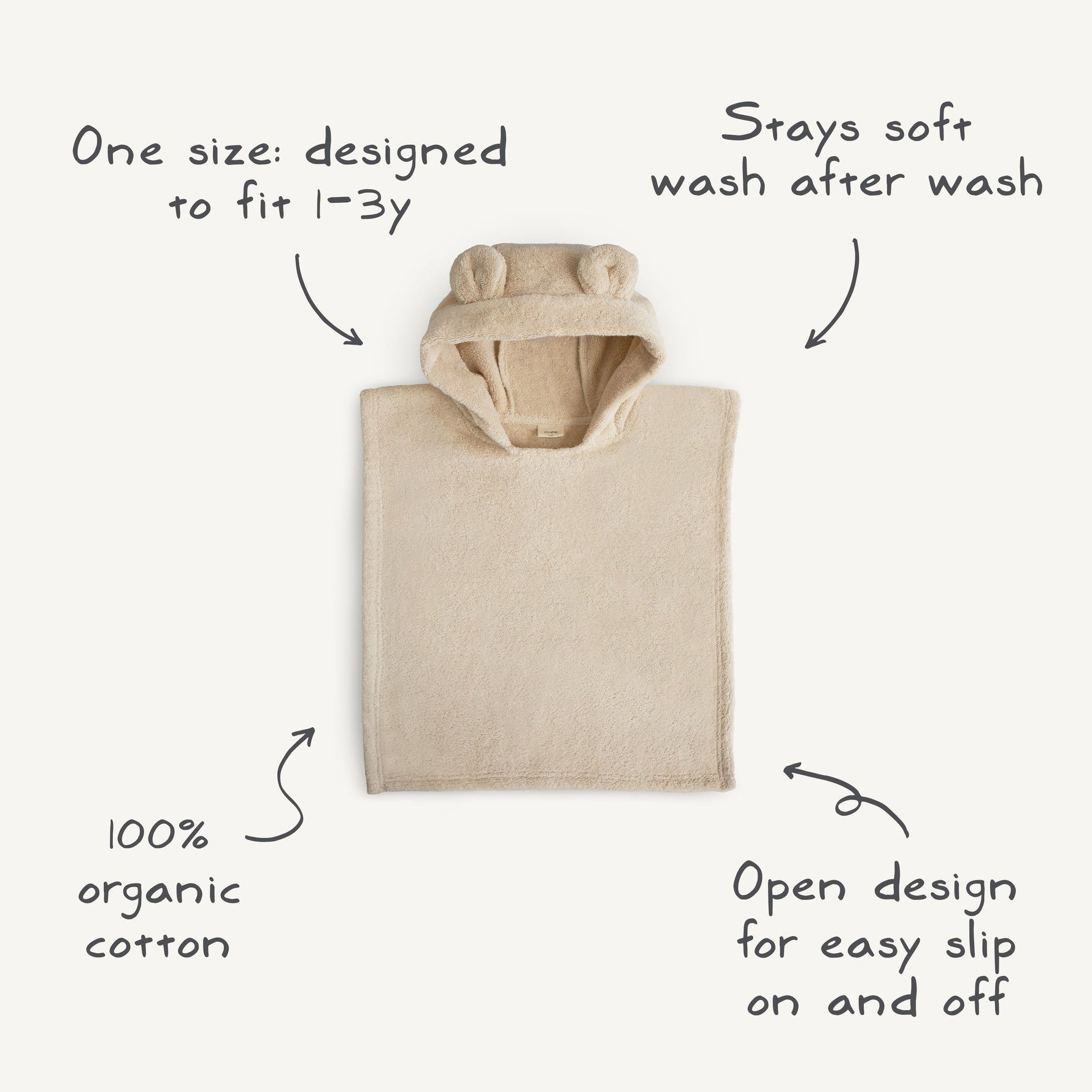 Mushie organic cotton hooded poncho towel with bear ears for baby.