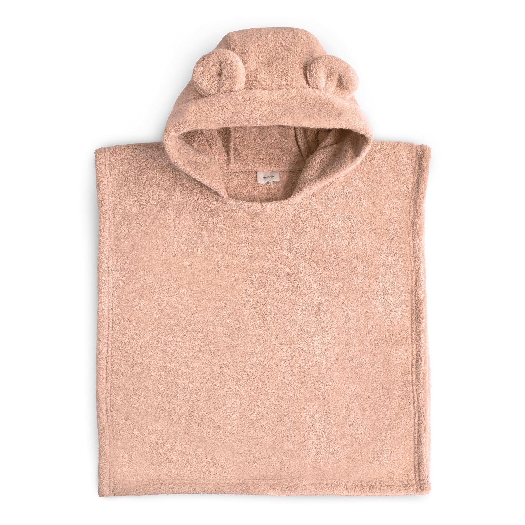Mushie organic cotton hooded poncho towel with bear ears for baby.