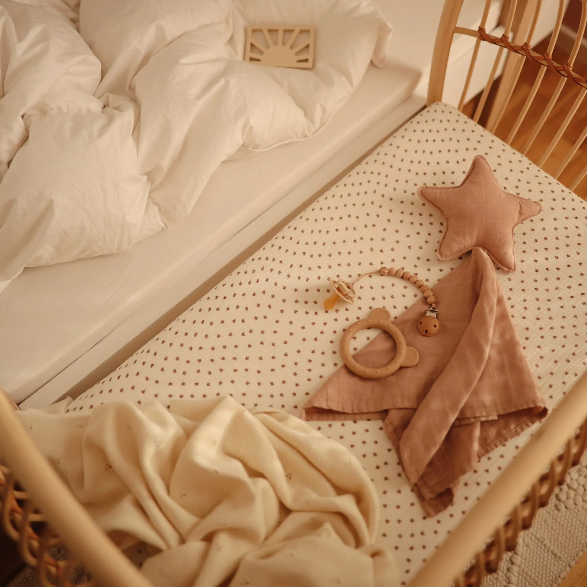 Mini Muslin Crib Sheet 100 Percent Cotton Extra Soft Breathable Fabric Full Elastic Edges Pre-Washed For Softness Mushie