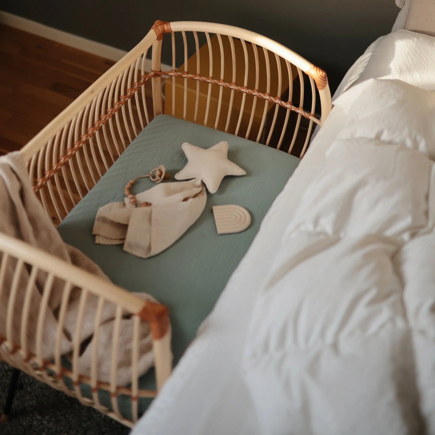 Mini Muslin Crib Sheet 100 Percent Cotton Extra Soft Breathable Fabric Full Elastic Edges Pre-Washed For Softness Mushie