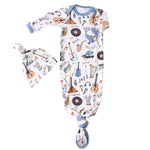 Bamboo baby knot gown and matching hat with a boogie print and fold-over hand mittens